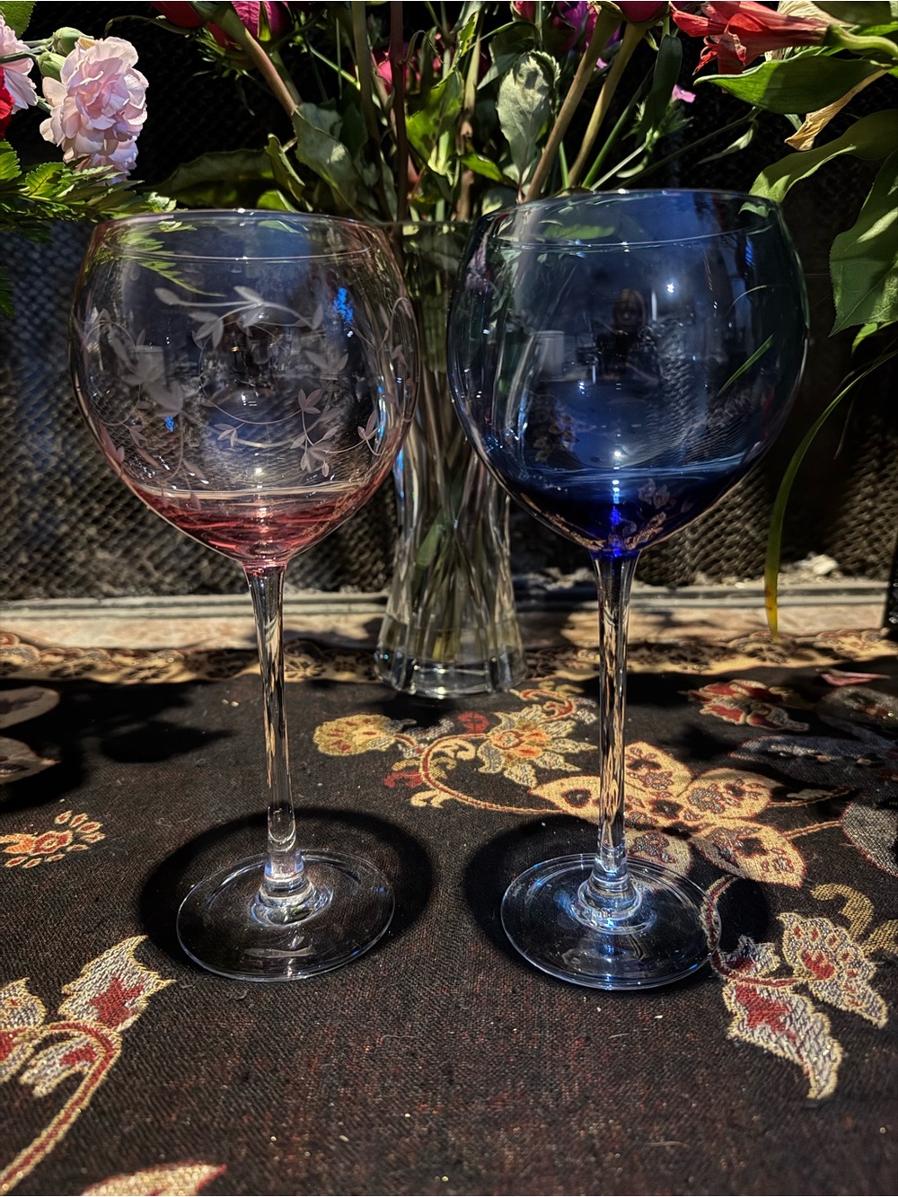 Lenox Pink and Blue Etched Wine Glasses
